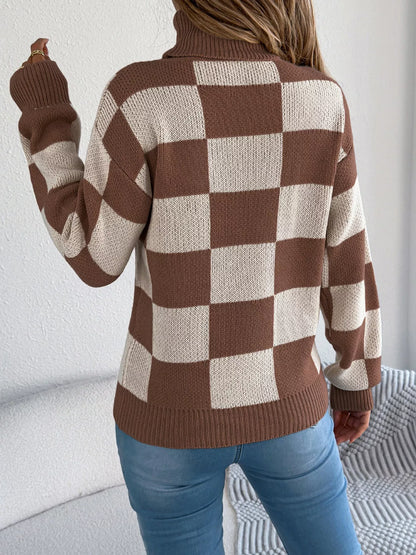Checkered Turtleneck Long Sleeve Sweater