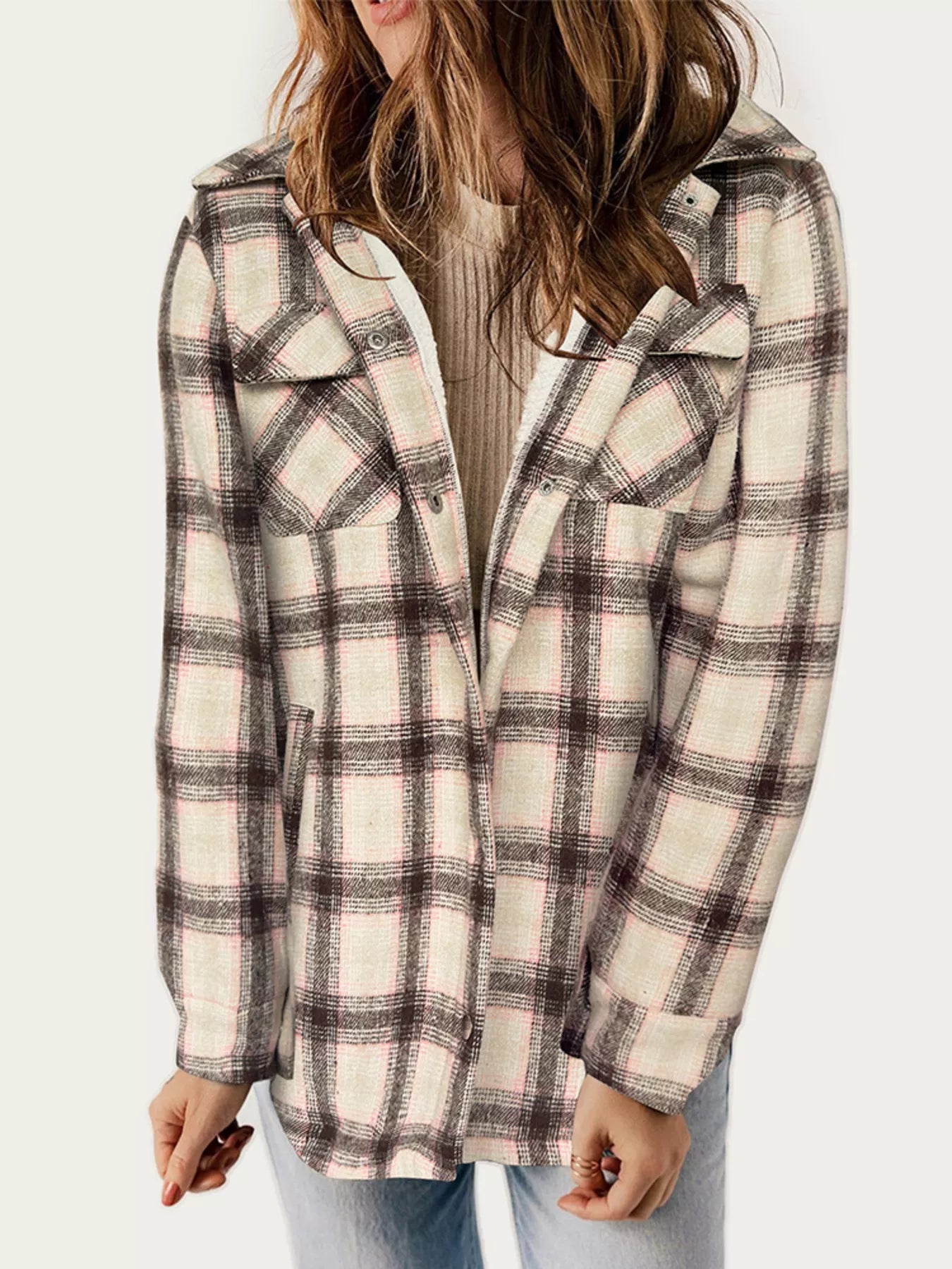 Oversized Plaid Long Sleeve Fleece Jacket Pink