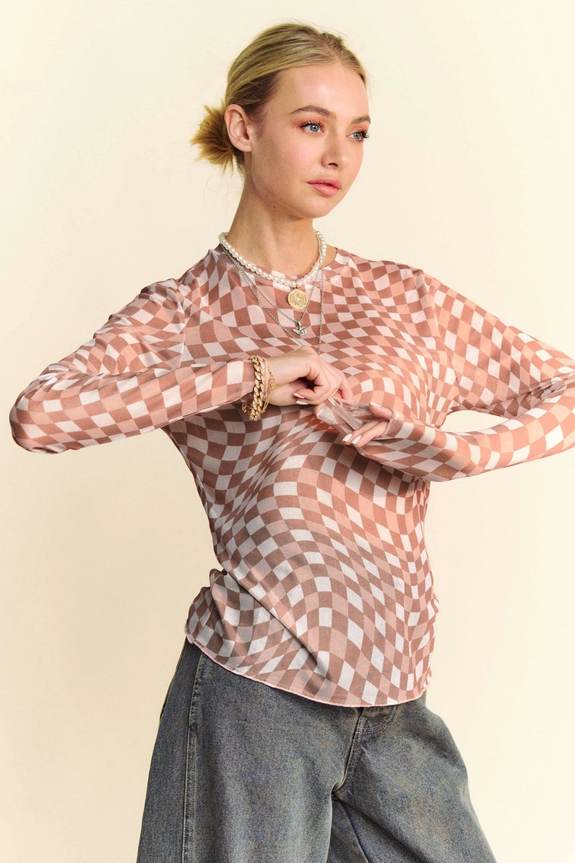 Davi & Dani Checker Board Mesh Long Sleeve Layering Top