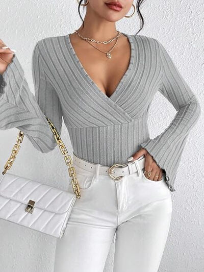 Ribbed Flare Sleeve Top Gray