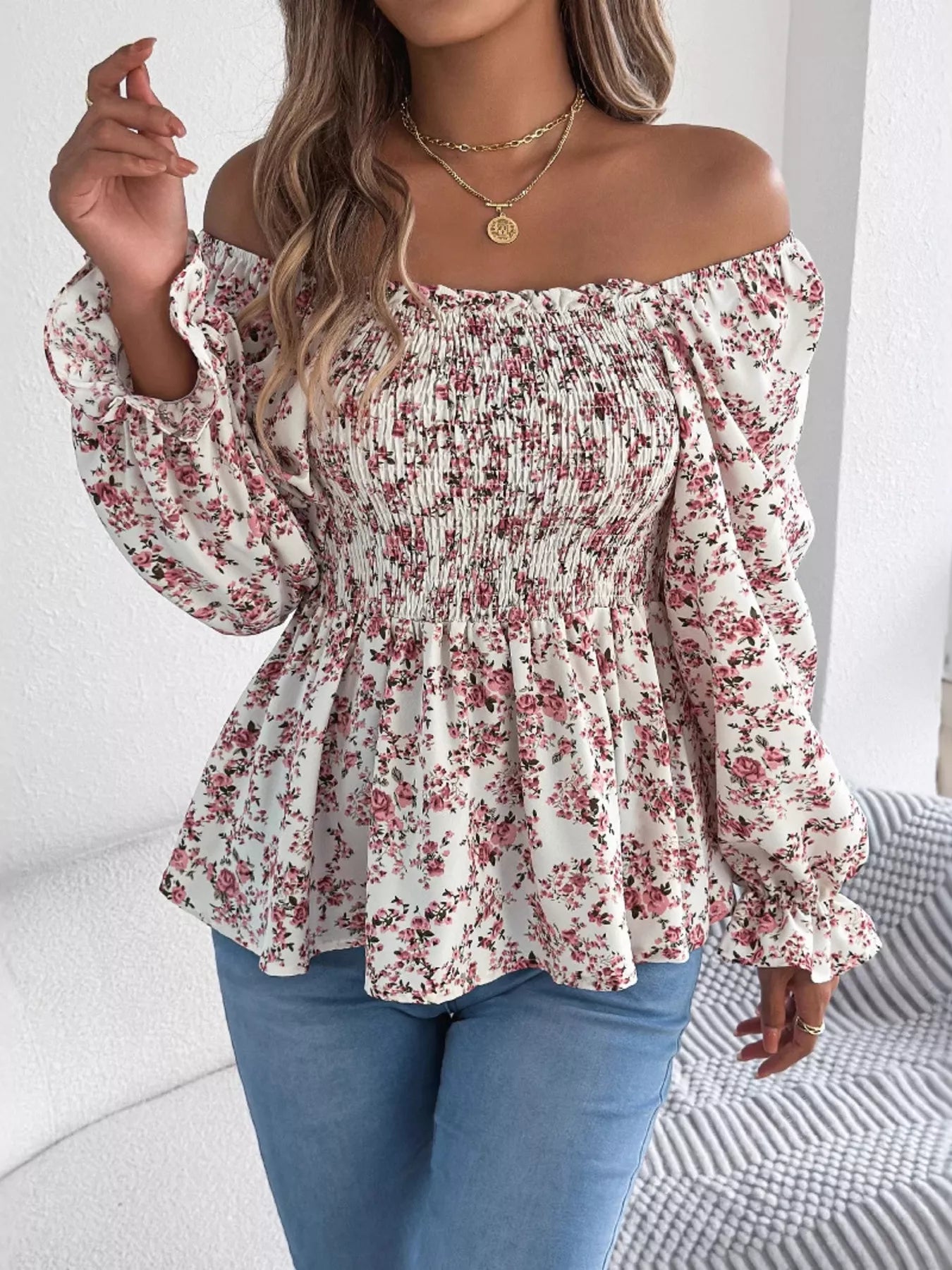 Full Size Floral Print Smocked Long Sleeve Blouse Plus Size
