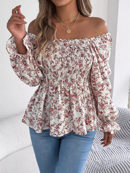 Full Size Floral Print Smocked Long Sleeve Blouse Plus Size