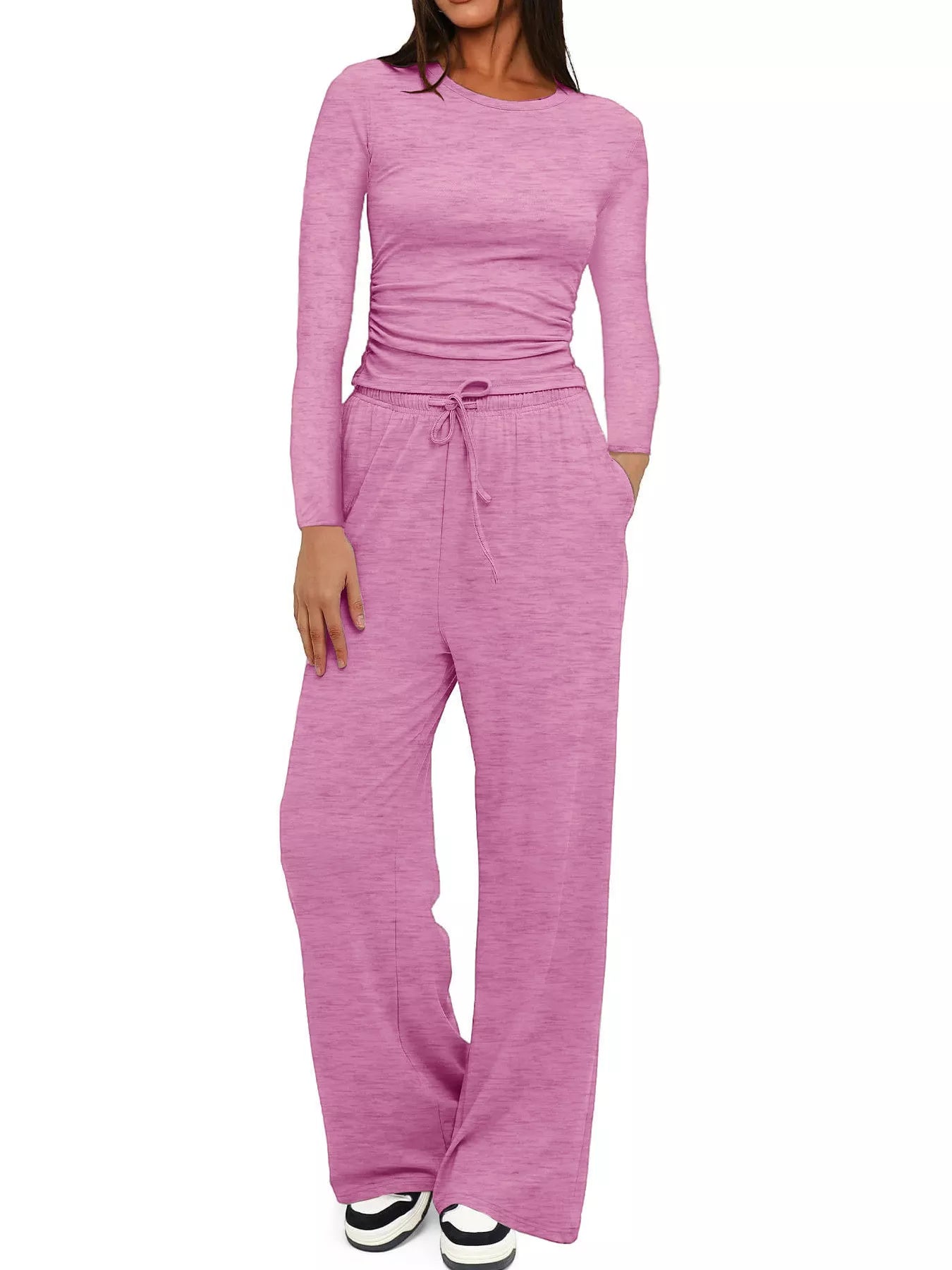 Full Size Casual Long Sleeve Top and Pants Set Plus Size Pink
