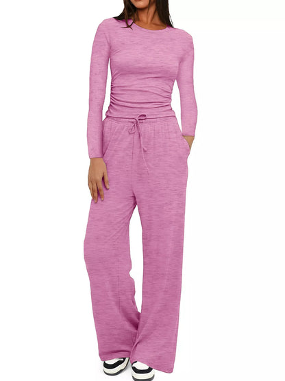 Full Size Casual Long Sleeve Top and Pants Set Plus Size Pink