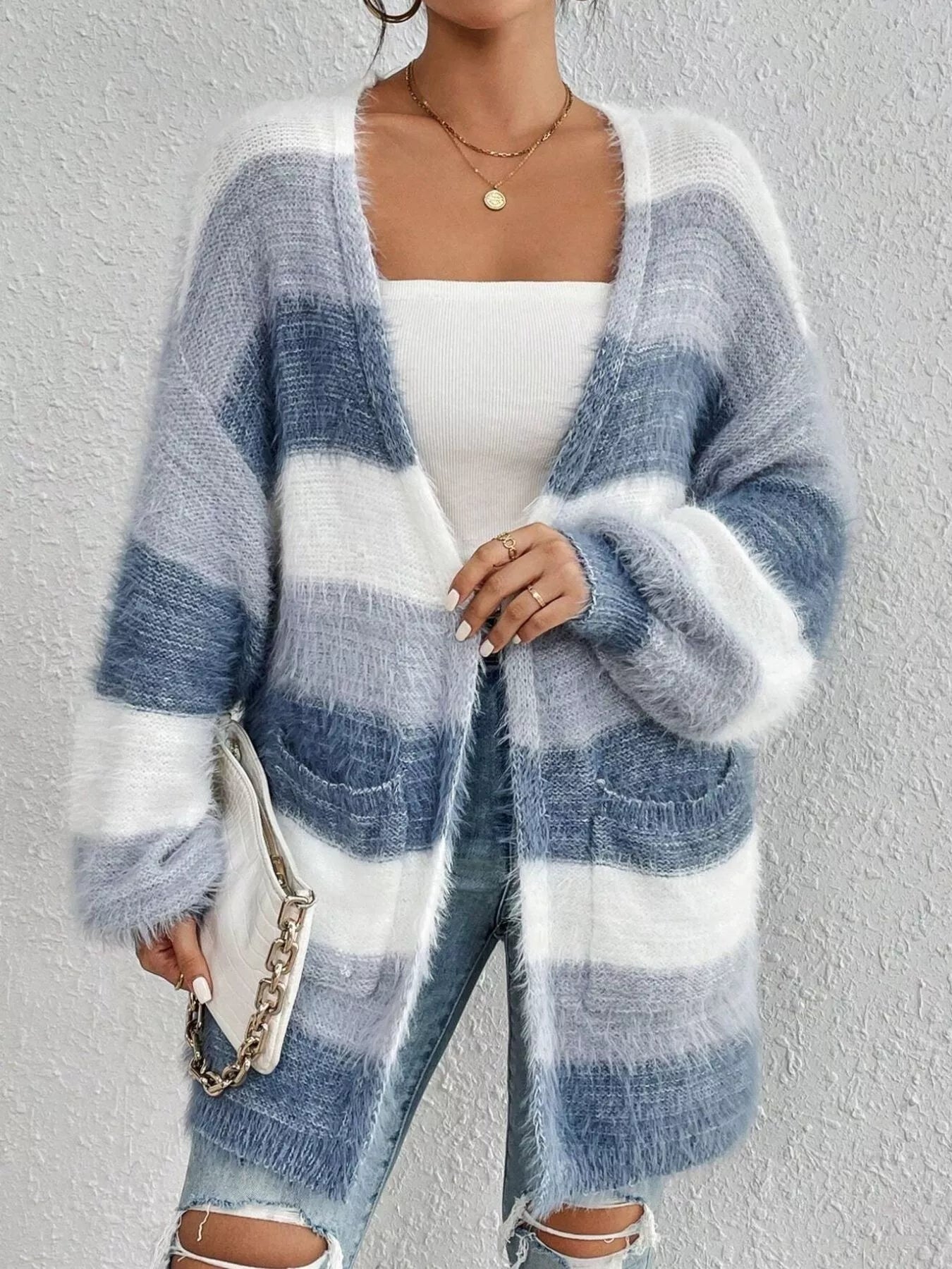 Striped Fuzzy Knit Open Front Cardigan