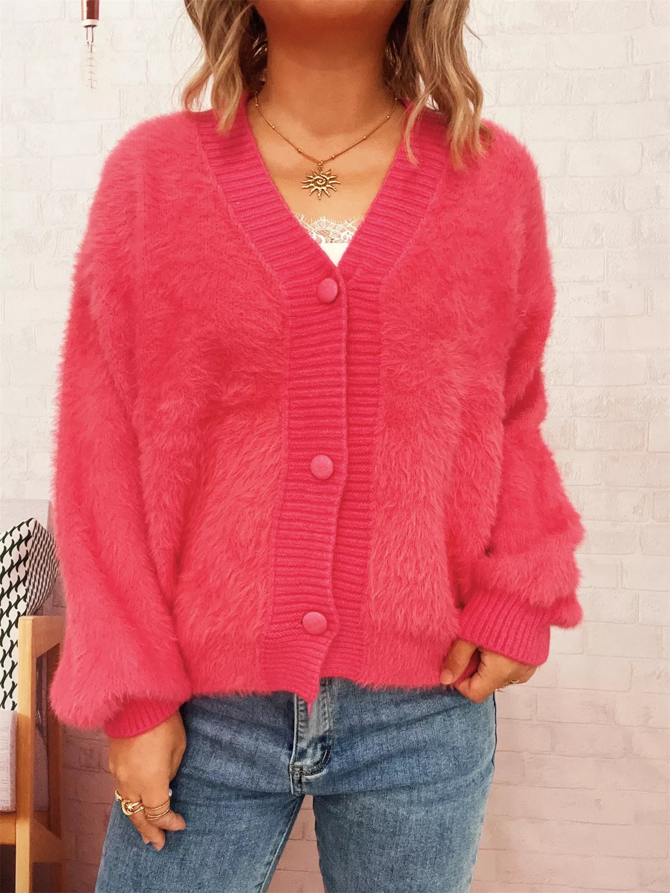 Fuzzy Button-Up Long Sleeve Cardigan Watermelon Pink One Size