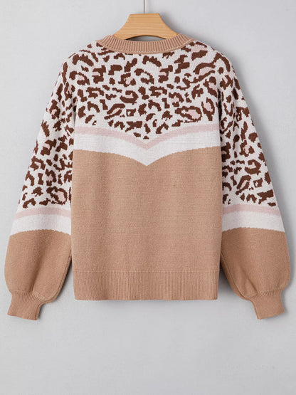 Leopard Color Block Knit Round Neck Baggy Sweater