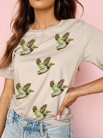 Flying Mallard Sequin Patched Short Sleeve Tee Khaki