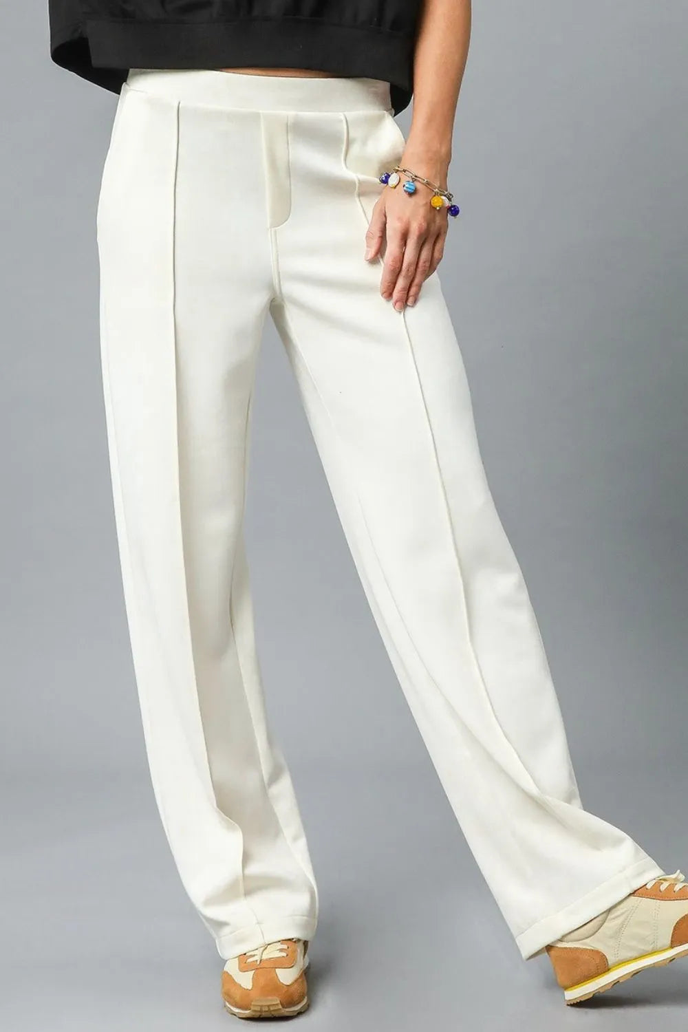 Umgee High Waisted Wide Leg Pants Ivory