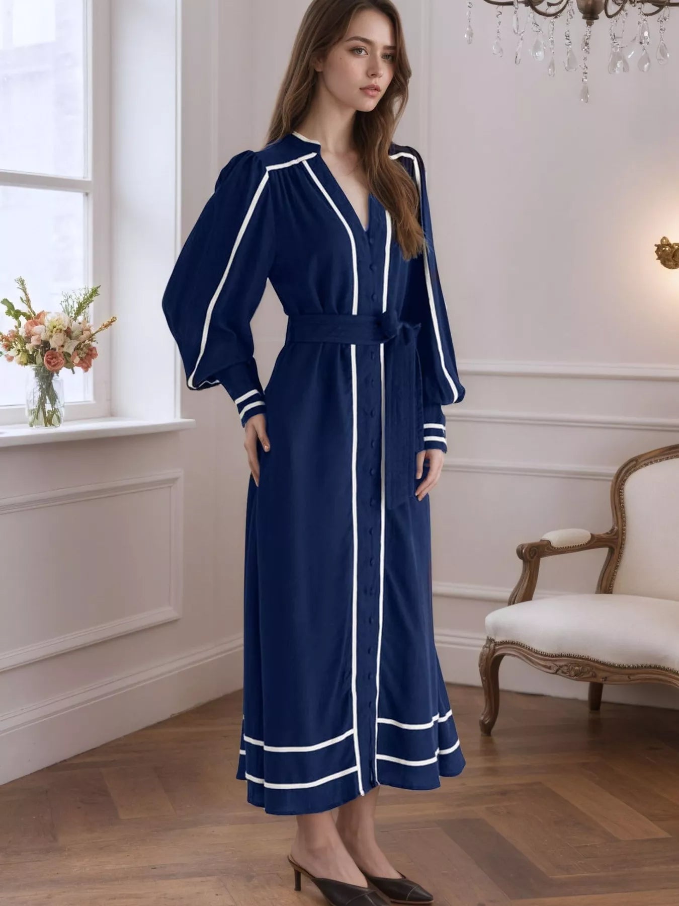 Notched Lantern Sleeve Dress