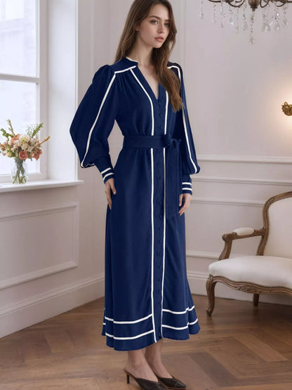 Notched Lantern Sleeve Dress