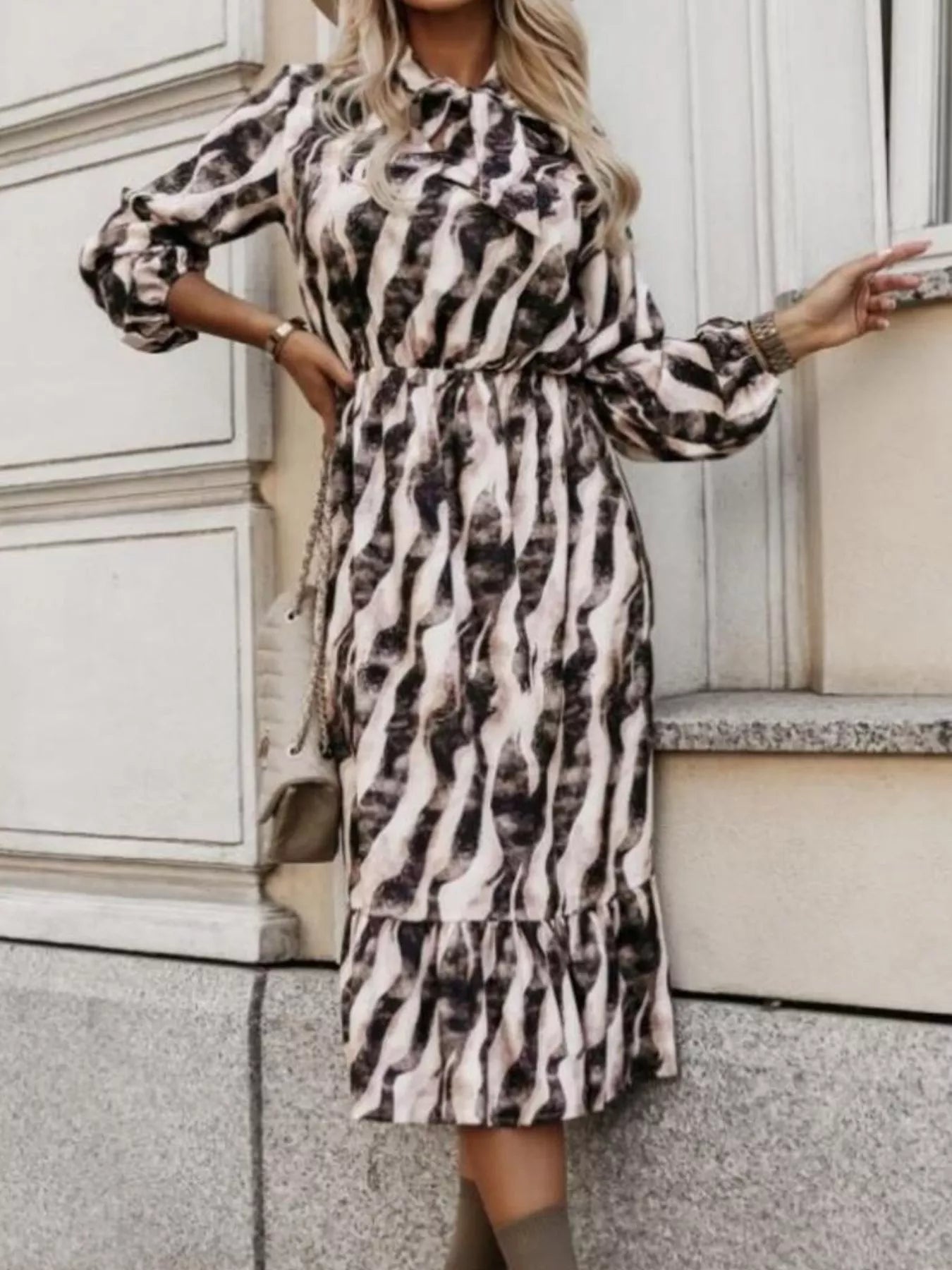 Ruffled Hem Striped Long Sleeve Dress