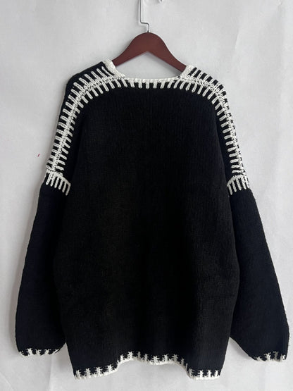 Back To School Sweater - Double Take Contrast Open Front Dropped Shoulder Cardigan