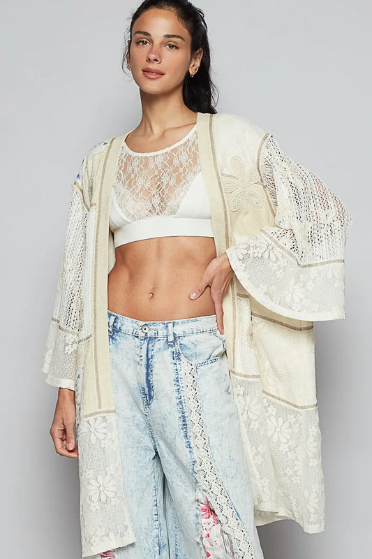 POL Double Gauze and Lace Mix Cardigan with Embroidered Detail Cream