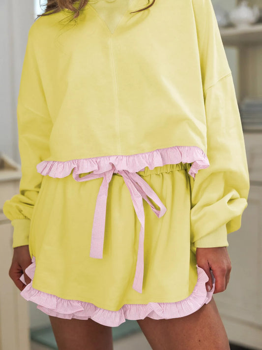 Contrast Frill Hem Round Neck Top and Shorts Set Pastel Yellow