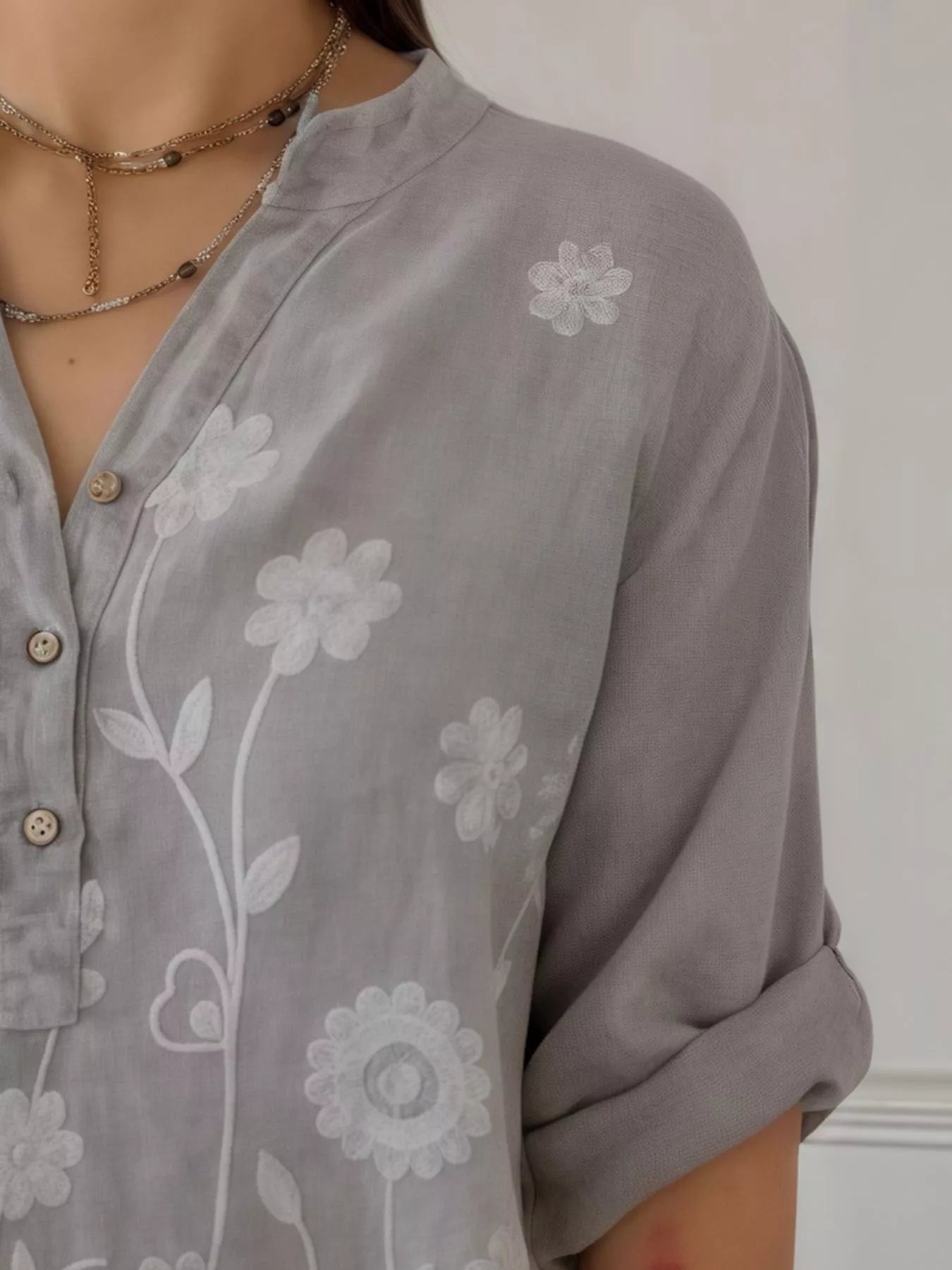 Full Size Floral Embroidered Button Detail Blouse Plus Size