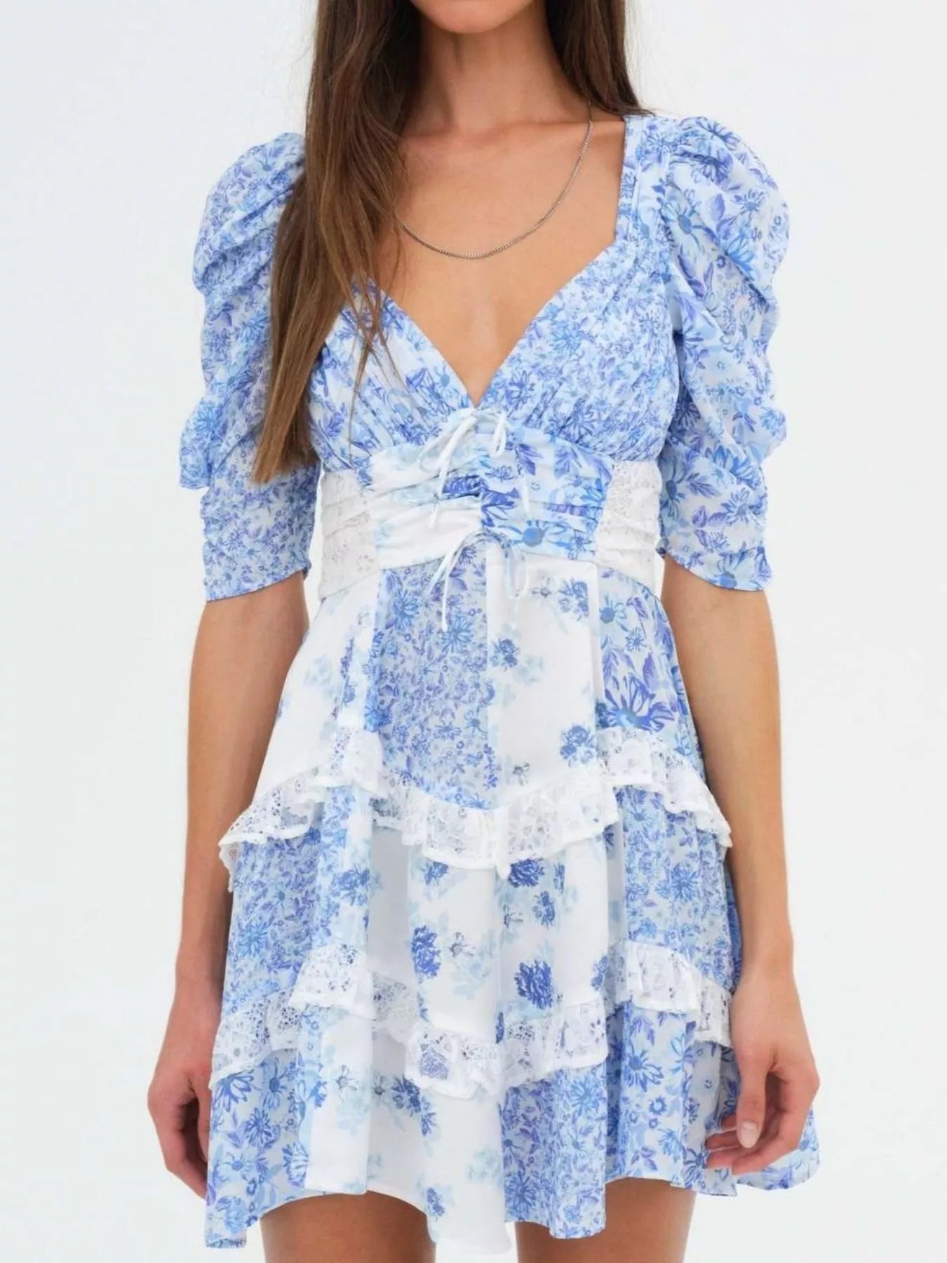 Ruffled Floral Print Half Sleeve Dress Sky Blue