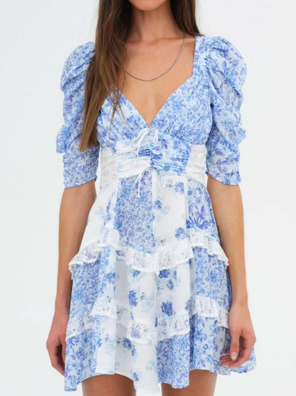 Ruffled Floral Print Half Sleeve Dress Sky Blue
