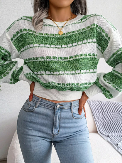 Color Block Round Neck Cropped Sweater
