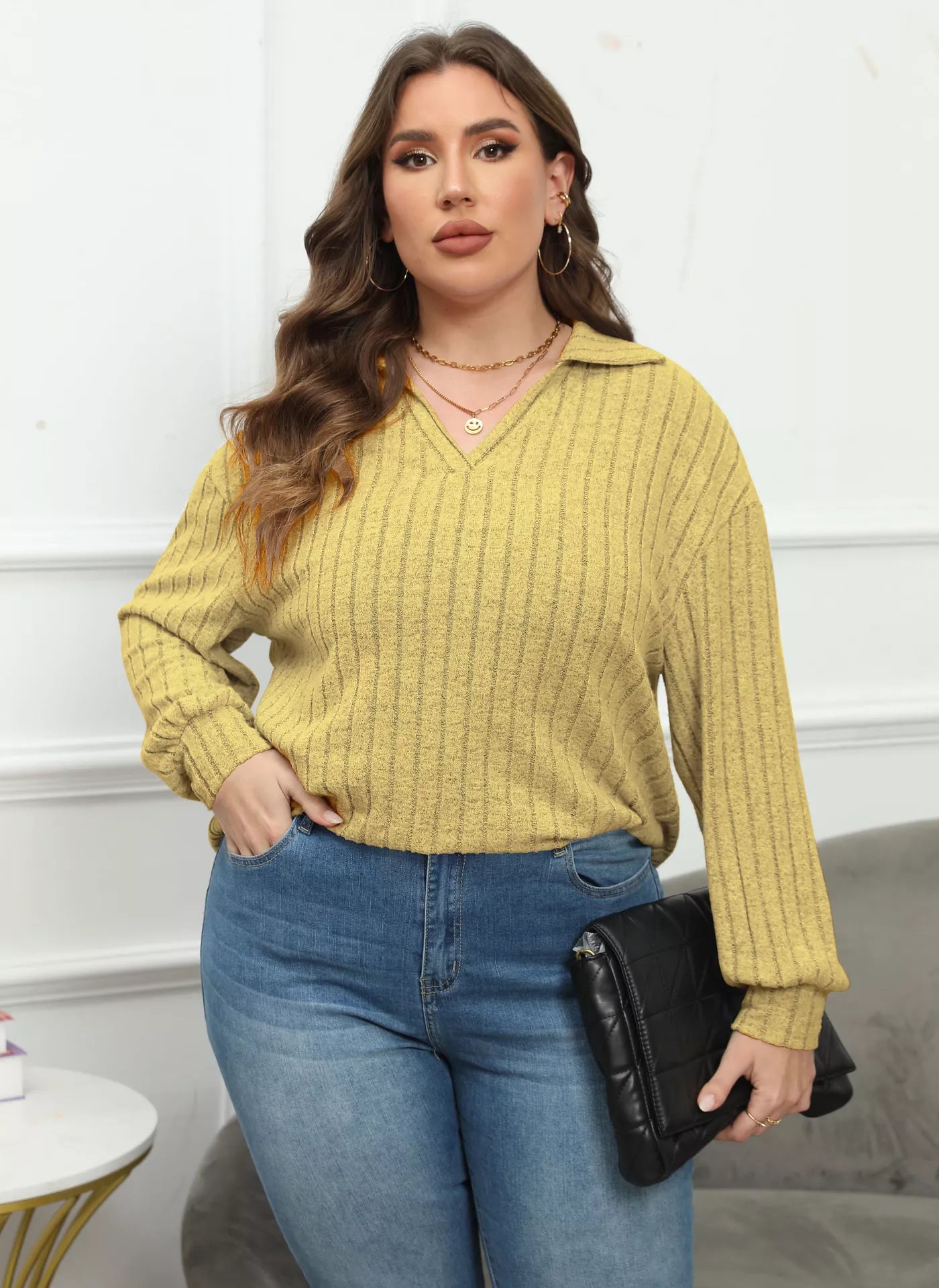 Plus Size Ribbed Knit Polo Collar T-Shirt