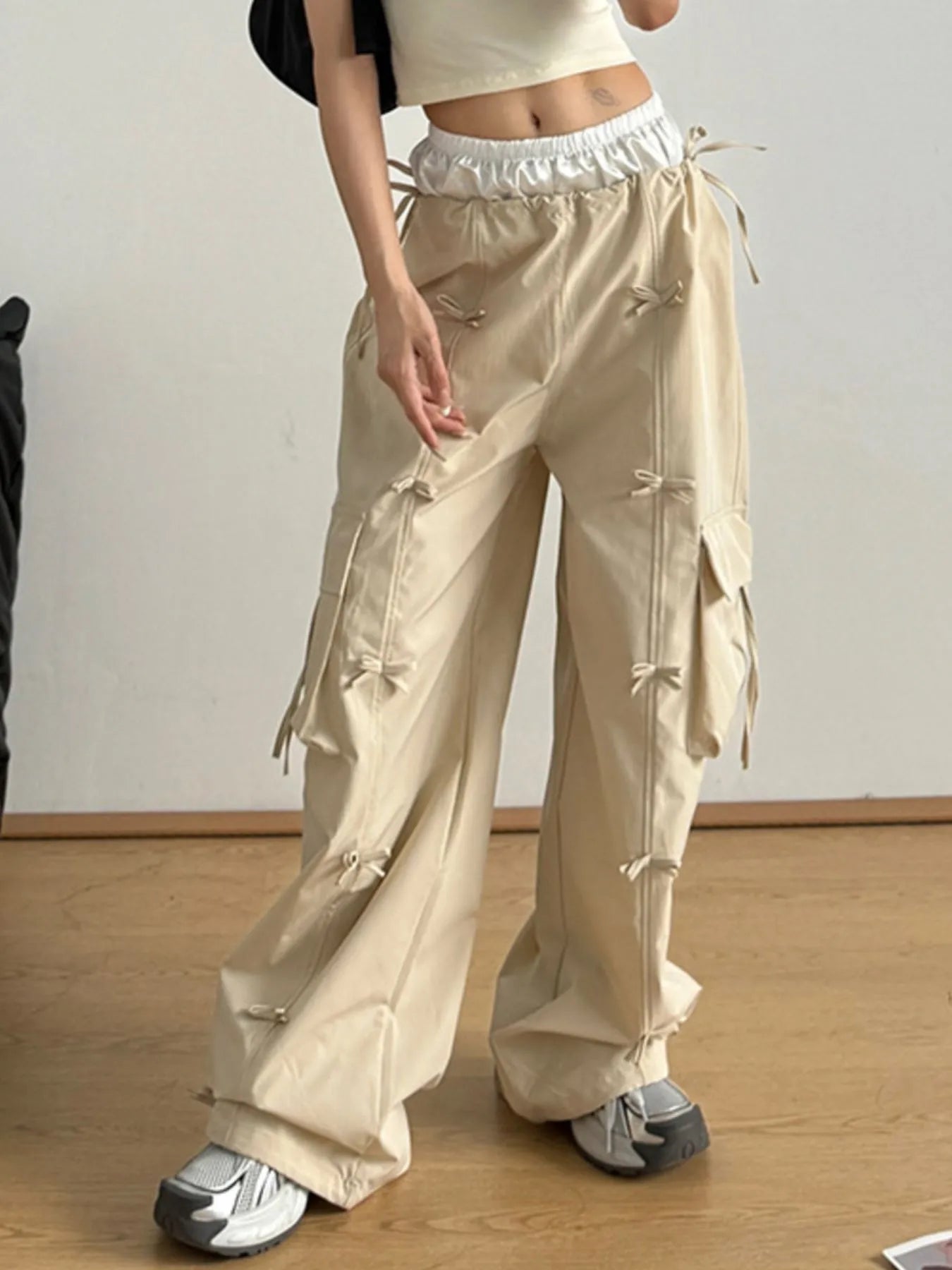 Bow Elastic Waist Cargo Pants Tan