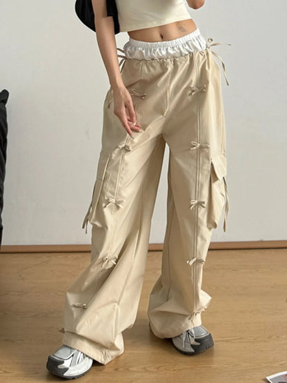 Bow Elastic Waist Cargo Pants Tan