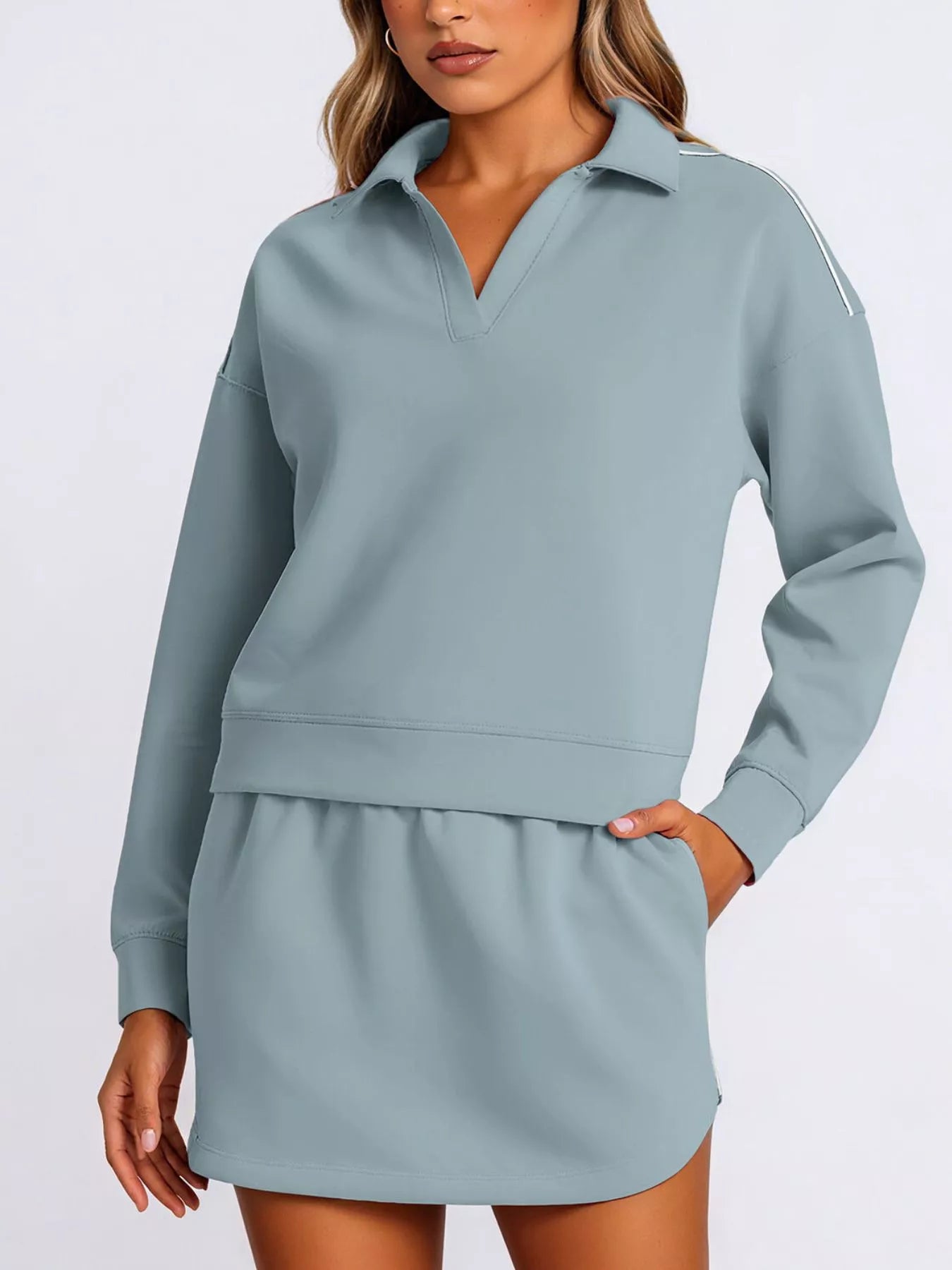 Dropped Shoulder Top and Skirt Set Blue