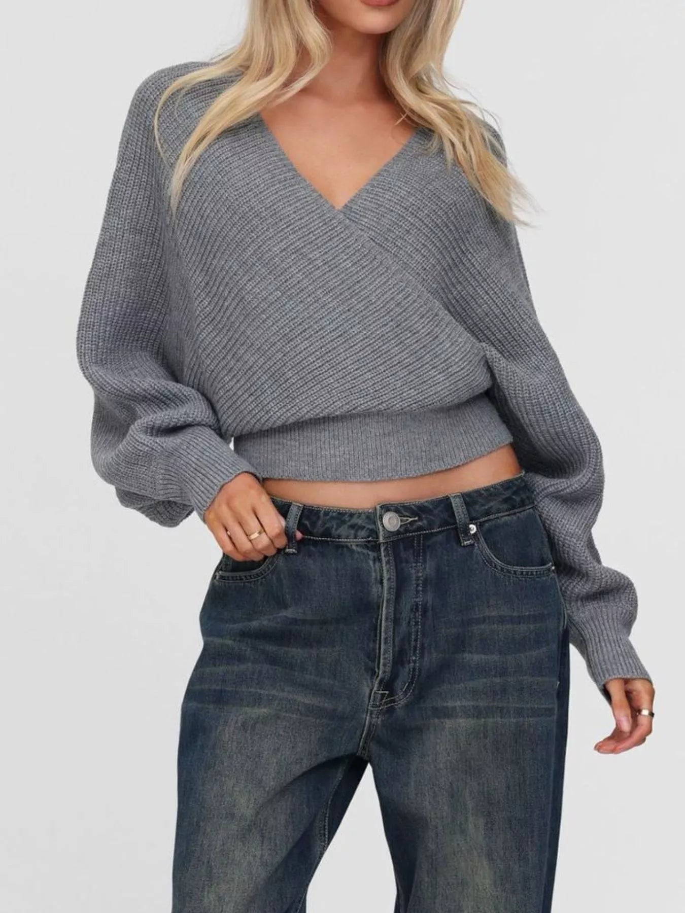 Surplice Cropped Sweater with Back Tie