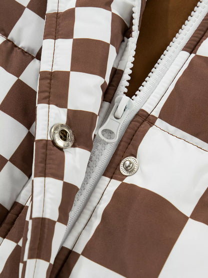 Double Checked Stand Collar Cropped Puffer Vest