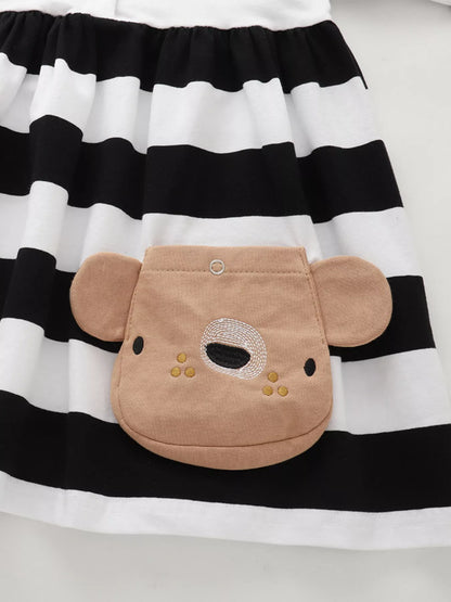 Children's Striped Long Sleeve Bear Applique Dress