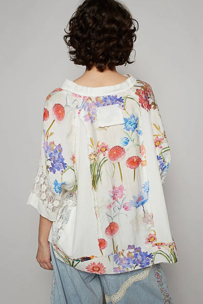 POL Floral V-Neck Raw Edge T-Shirt with Lace Detail