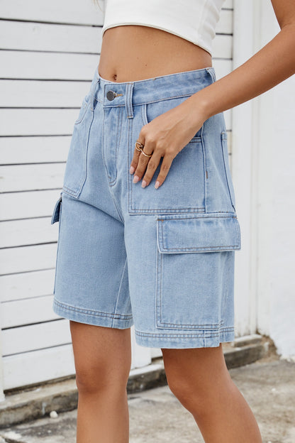 High Rise Denim Shorts with Cargo Pockets