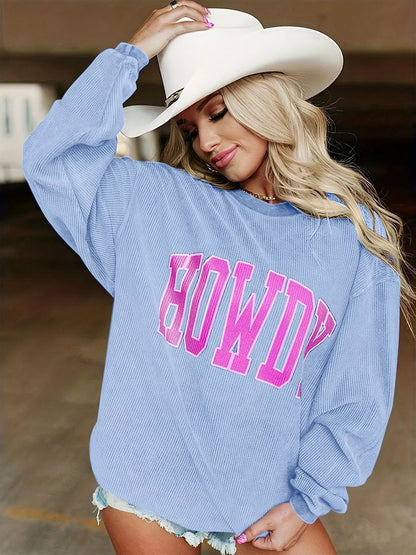 Full Size Howdy Round Neck Oversized Sweatshirt Plus Size Sky Blue