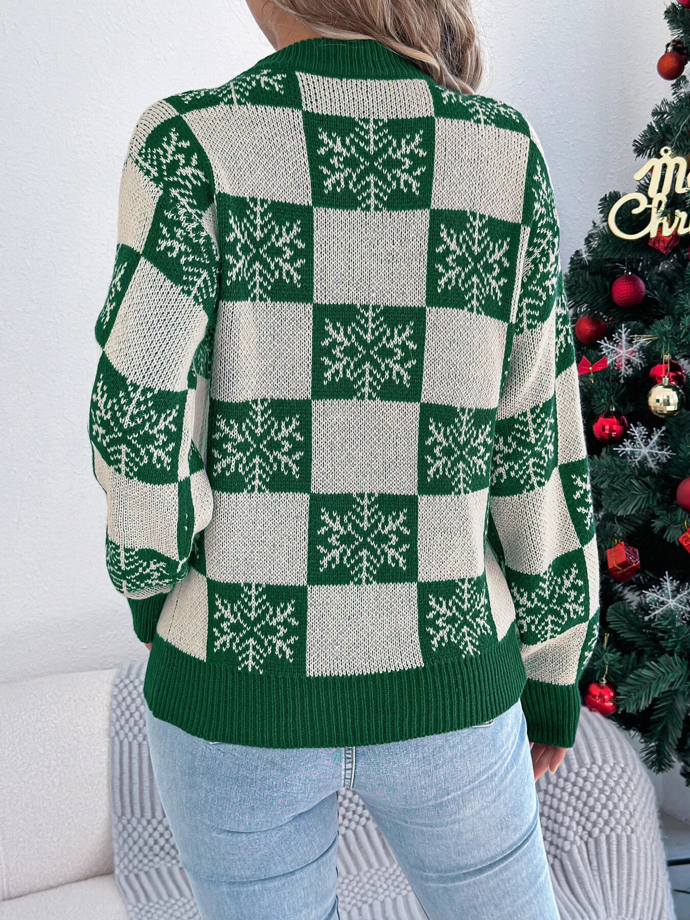 Christmas Snowflake Checkered Round Neck Sweater