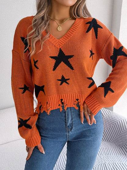 Star Pattern V-Neck Distressed Sweater