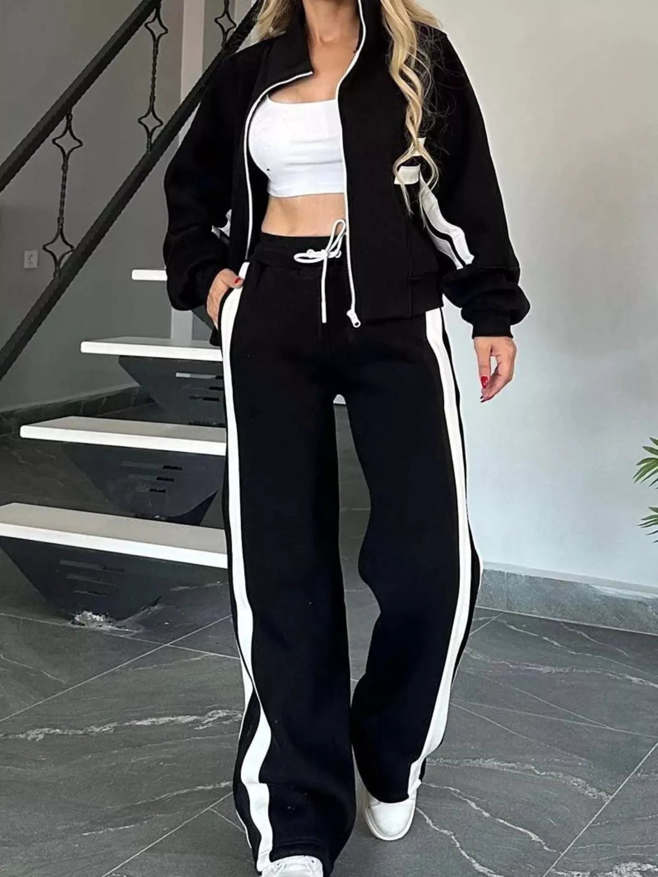 Full Size Contrast Stripe Zip Up Jacket and Pants Set Plus Size Black
