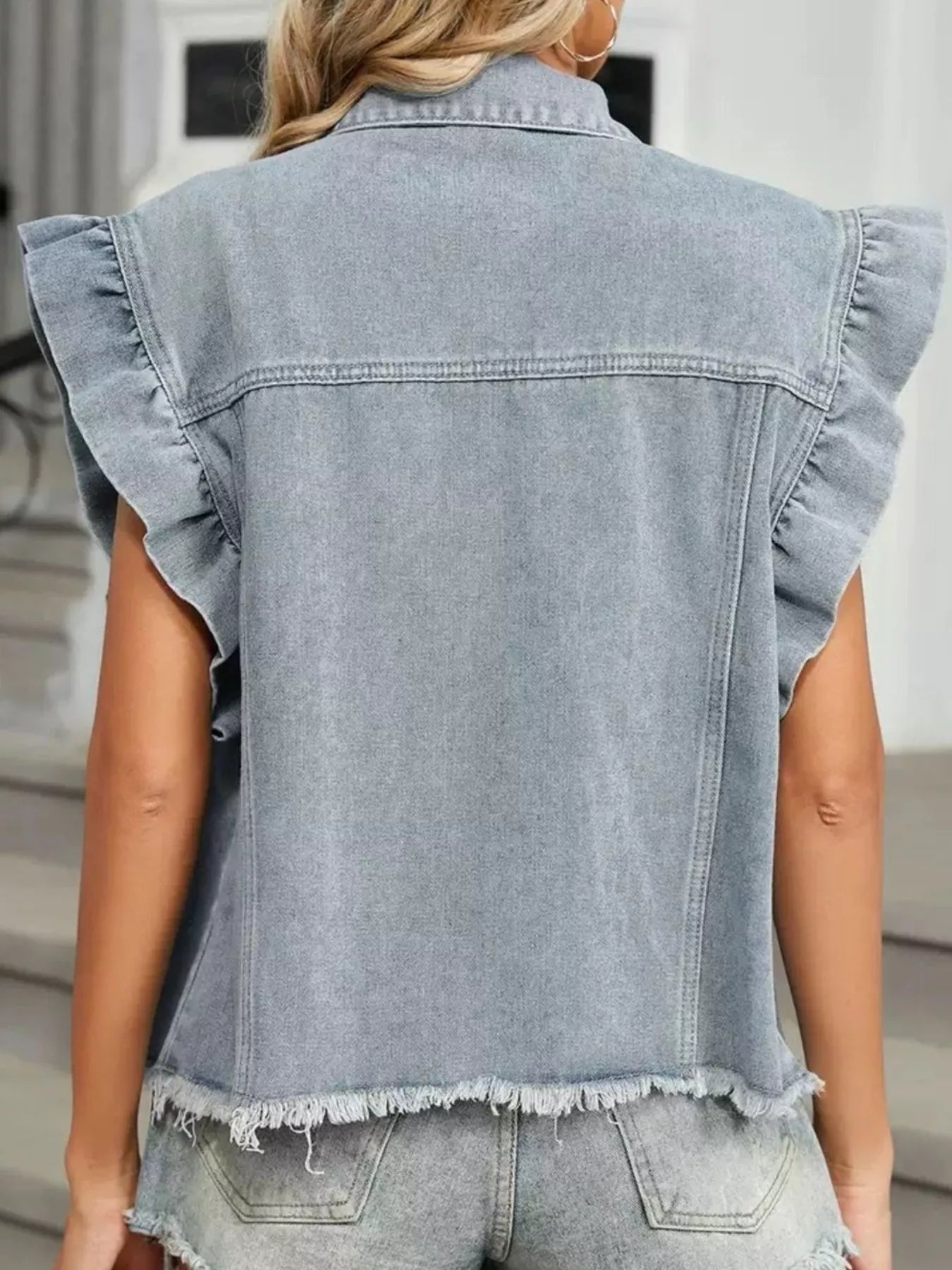 Ruffled Raw Hem Button Up Denim Jacket