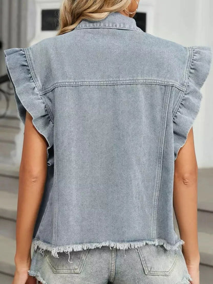 Ruffled Raw Hem Button Up Denim Jacket