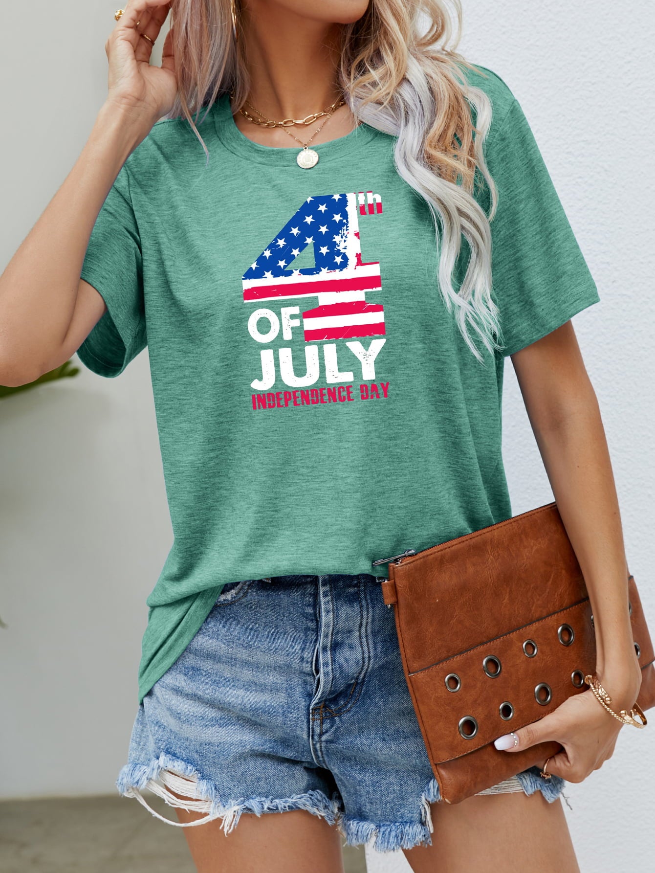 USA Flag Graphic Tee for Women Gum Leaf