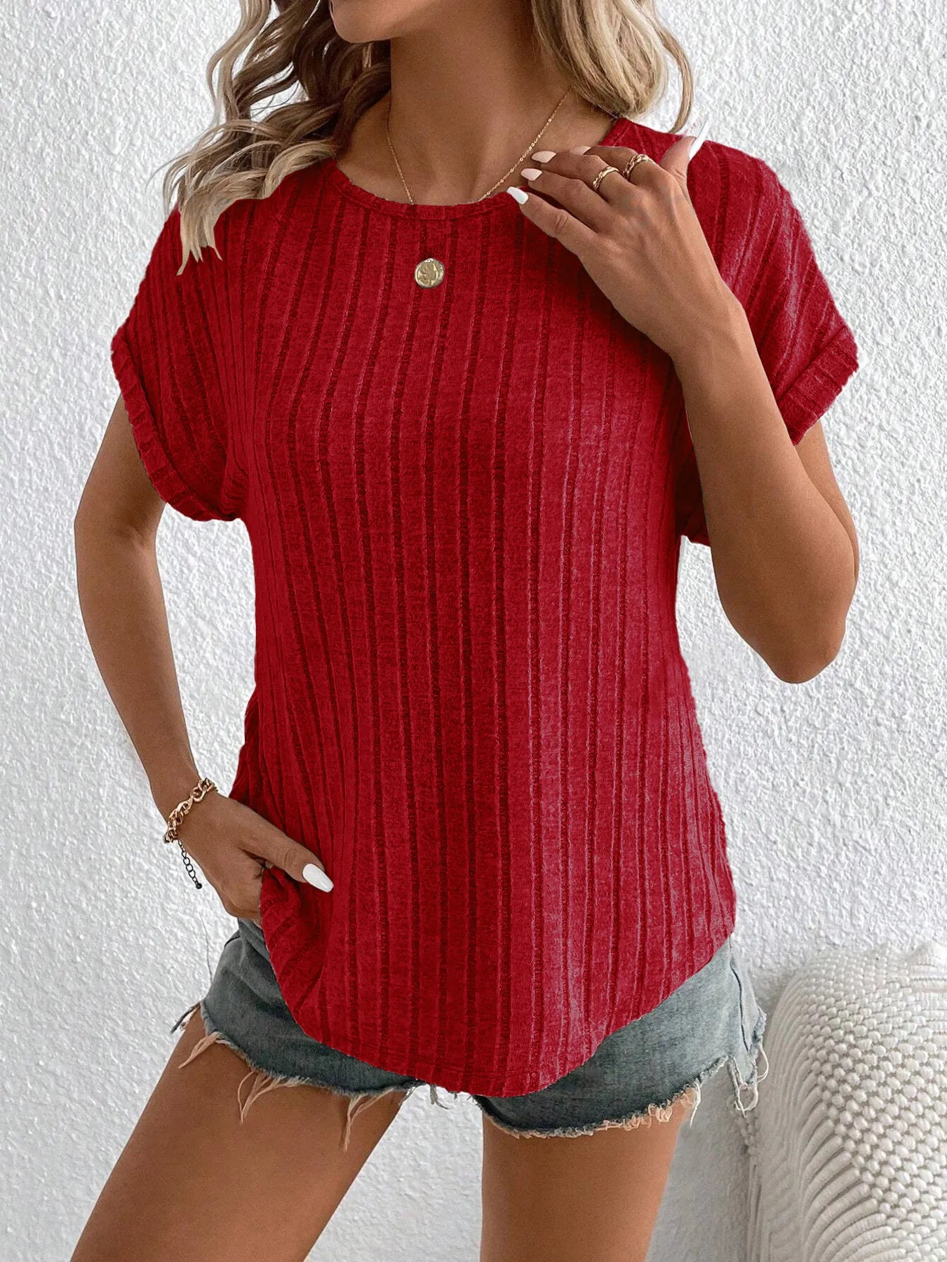 Plus Size Ribbed Texture Short Sleeve T-Shirt