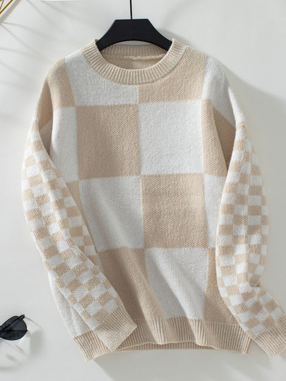 Color Block Round Neck Long Sleeve Sweater Tan