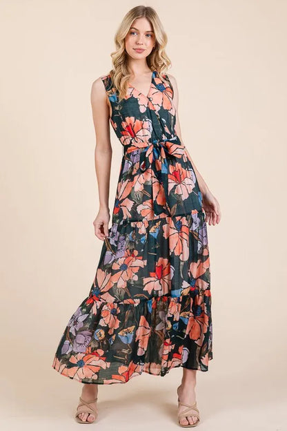 Lime 'N' Chili Floral Print Sleeveless Tie Waist Maxi Dress