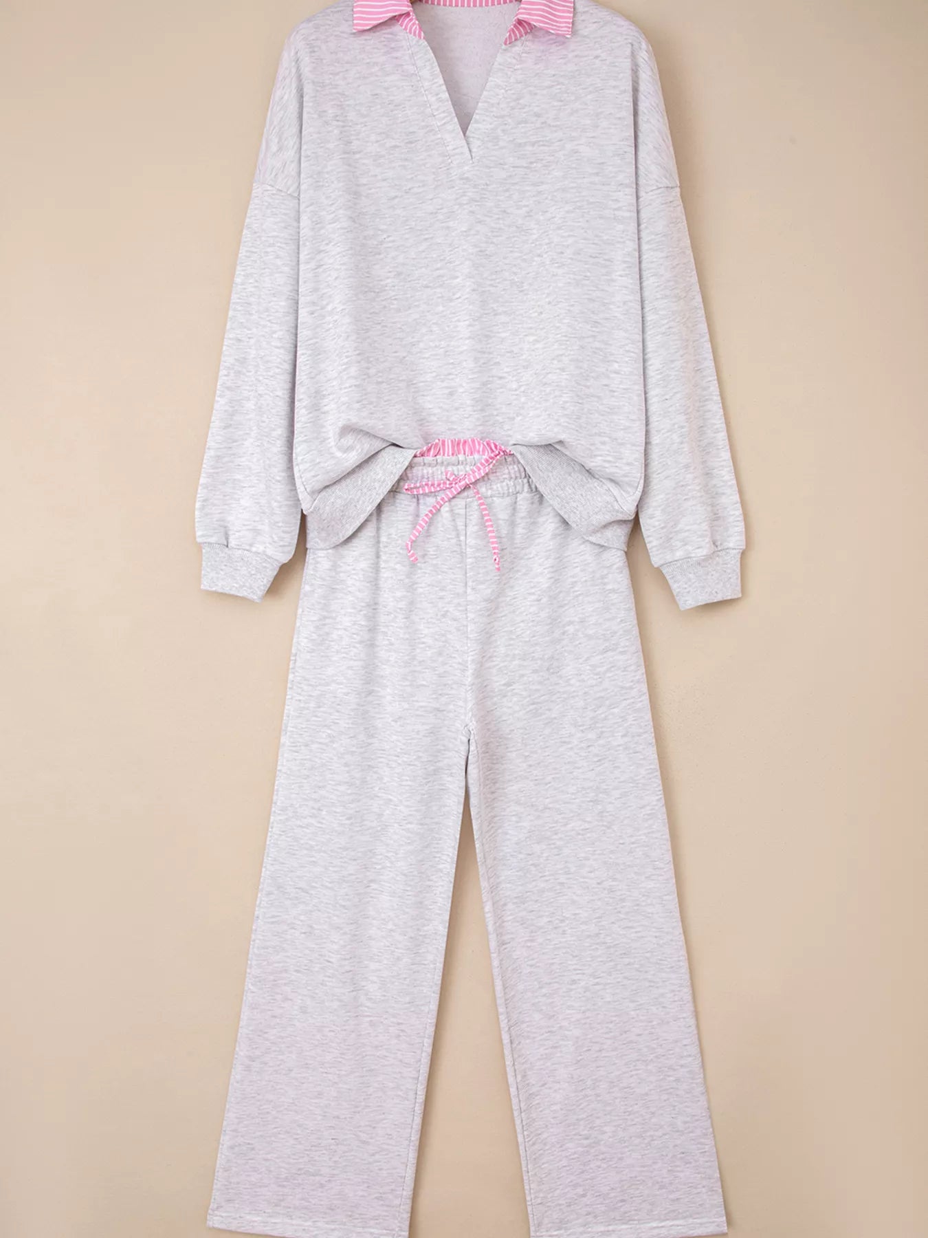 Contrasted Trim Frilled Collar Drop Shoulder Top and Drawstring Pant Set