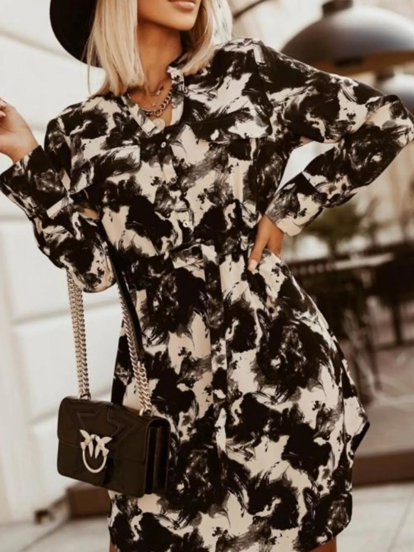 Printed Button Front Long Sleeve Dress