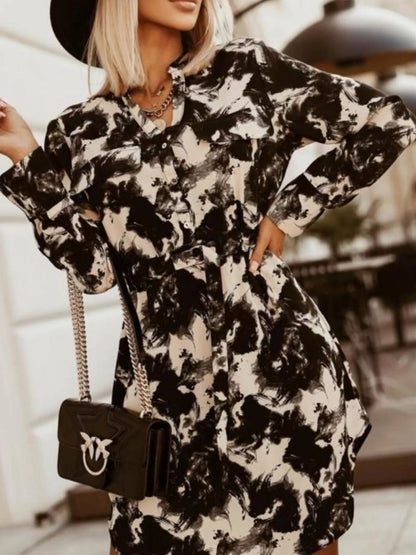 Printed Button Front Long Sleeve Dress