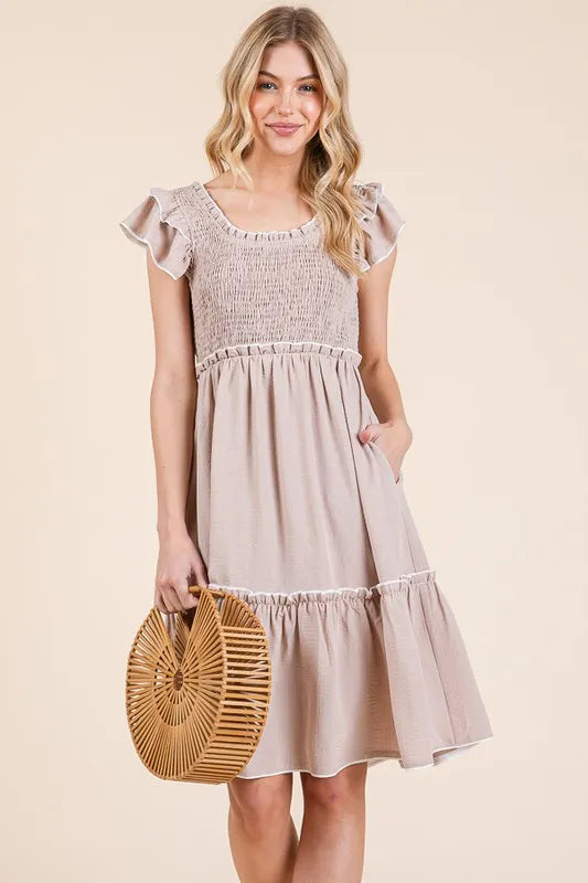 Lime 'N' Chili Ruffle Trim Smocked Dress with Contrast