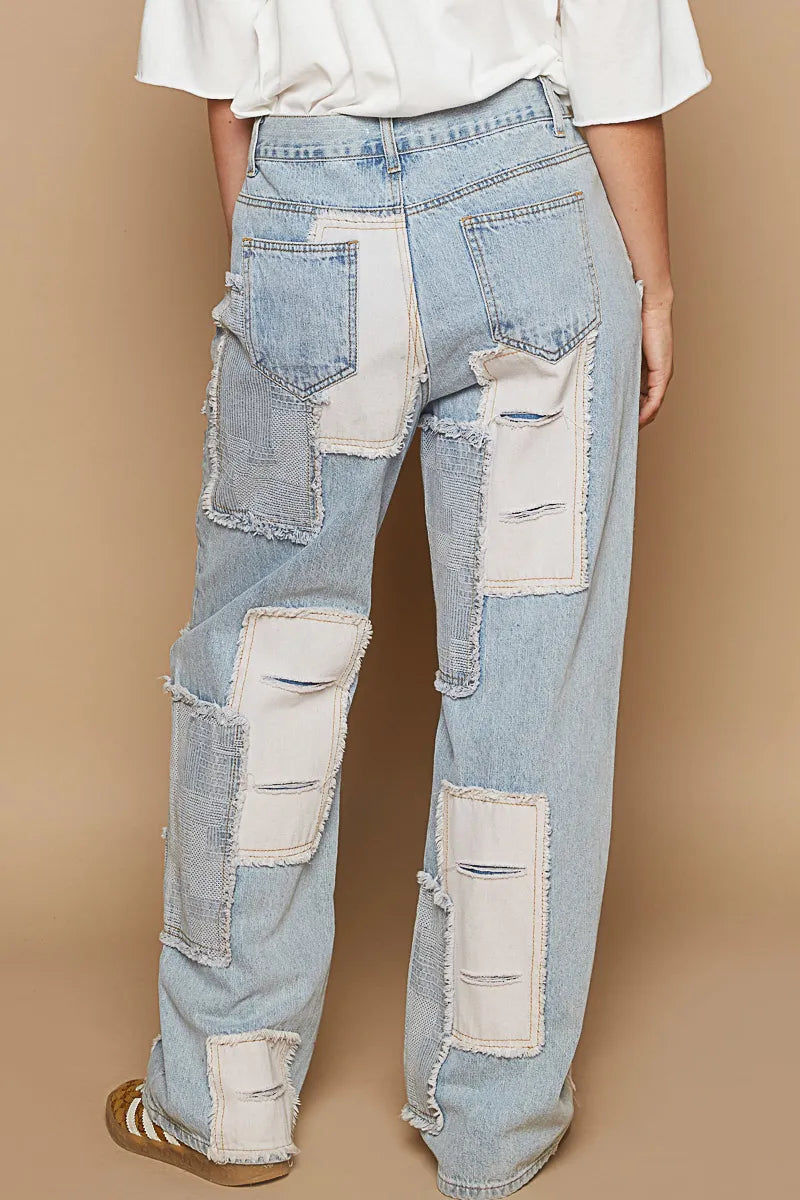 POL Contrast Patched Raw Hem Straight Jeans
