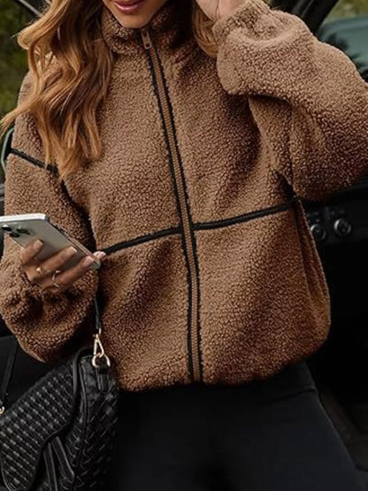 Cozy Sherpa Fleece Zip-Up Jacket Brown