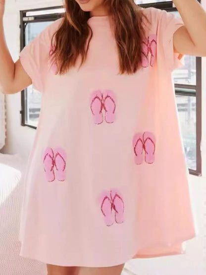 Sequin Short Sleeve Summer Tee Dress Pale Blush