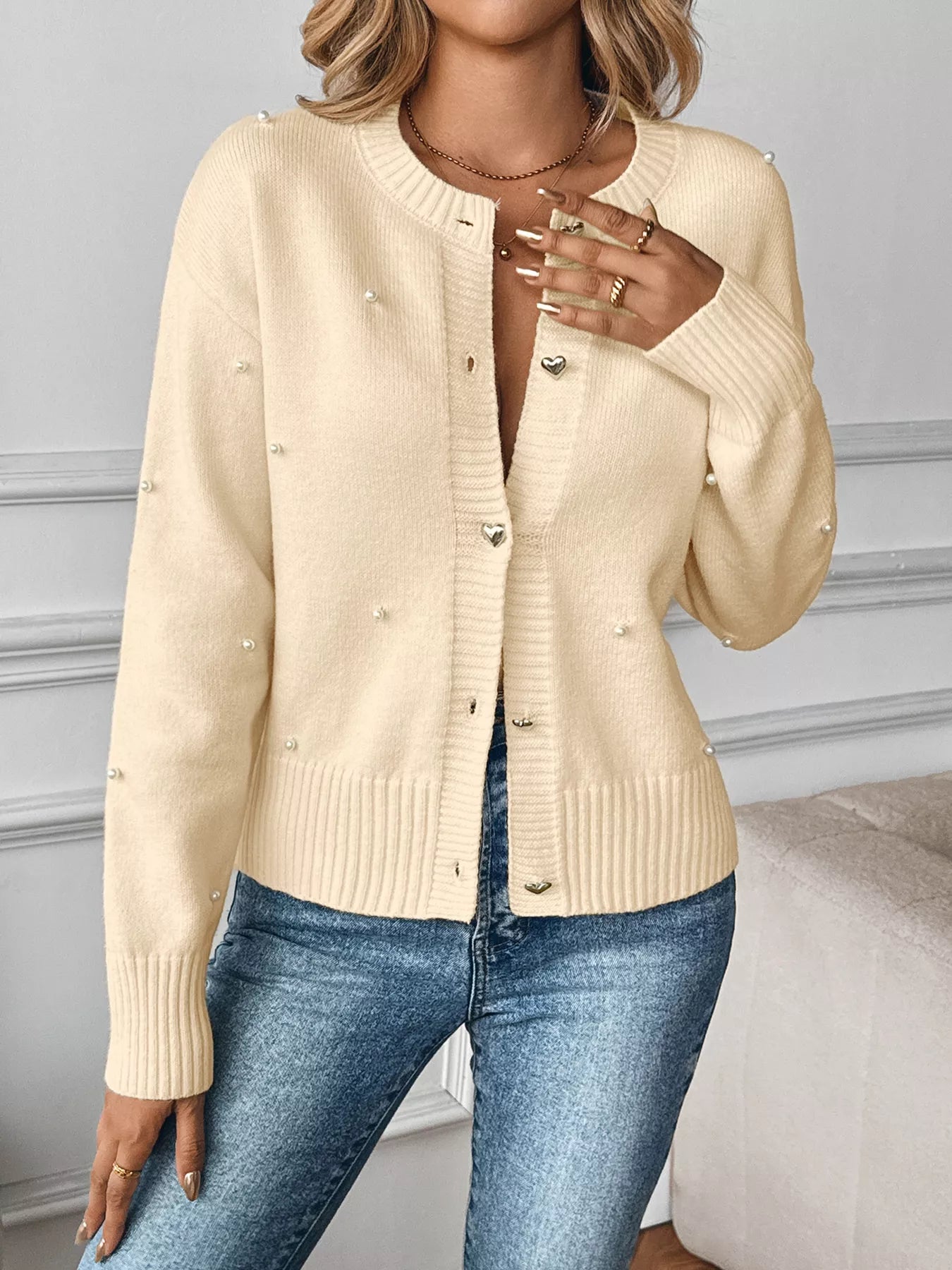 Pearl Embellished Button-Up Cardigan